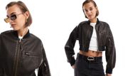 ASOS Design washed cropped leather look bomber jacket in burgundy (Image via ASOS)